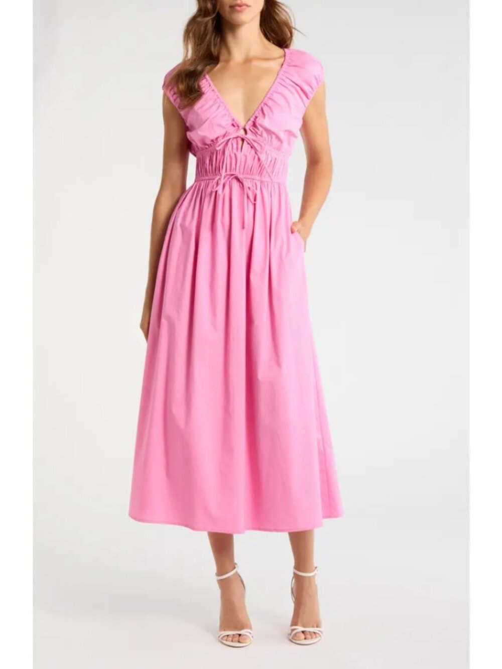Wayf Liv Ruched Stretch Cotton Poplin Midi Dress Poppy Pink Pocket Size XS NWOT